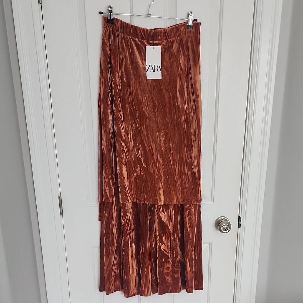 ZARA Rust Velvet High-Low Tiered Skirt
